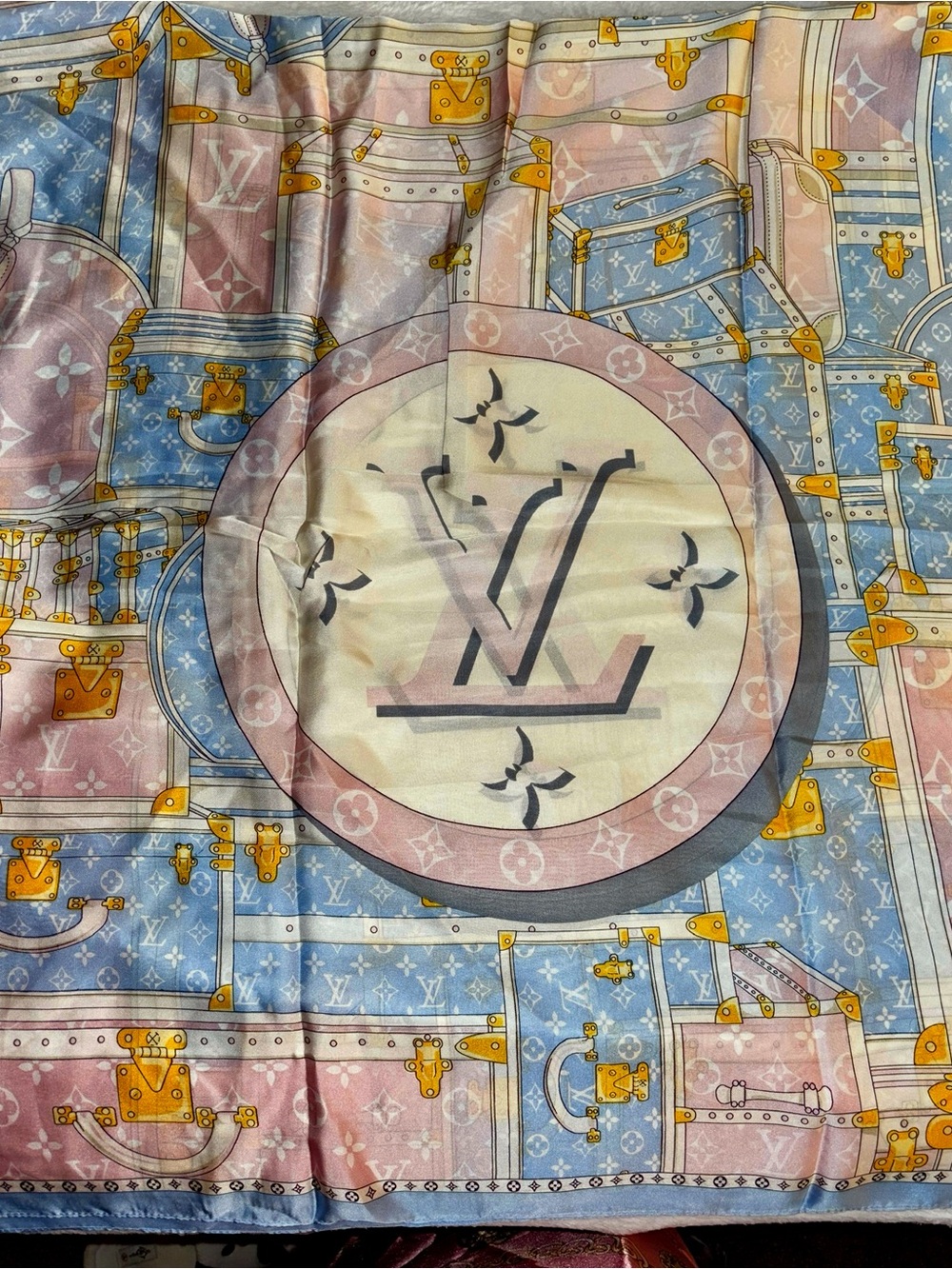Brand New !! Pastel Monogram 100 %Silk Scarf in Pink and Blue - Picture 2 of 5